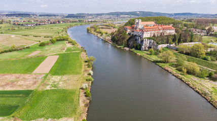 Aerial view of Benedictine abbey, monastery  in Tyniec near Krakow, Poland.