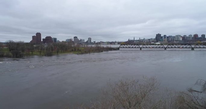 Rising drone footage over trees on Flooded Ottawa River in 2019 Ottawa Flood