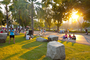 Bangkok skyline from Lumpini Park at the sunset ,Thailand