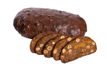 Rye bread with seeds, nuts and dried fruits, whole grain bread on a white background