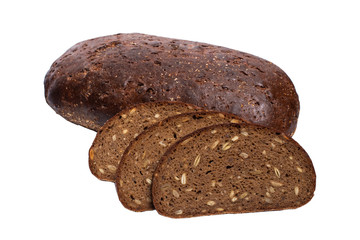 Rye bread with seeds, whole grain bread on white background