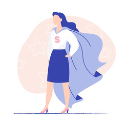 Superhero conceptual illustration. Young woman wearing a superhero cape. Flat vector illustration, editorial illustration.