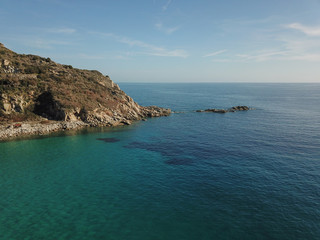 Spiaggia di Cavoli, veduta aerea con drone. Isola d'Elba, Toscana, Italia