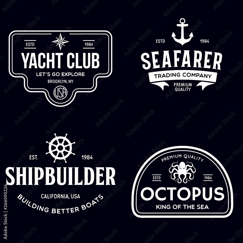 Wall mural Set of sea and nautical typography badges and design elements. Templates for company logo. Marine cruise, yacht club, trading companym, shipbuilding and other themes.