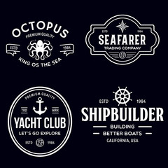 Set of sea and nautical typography badges and design elements. Templates for company logo. Marine cruise, yacht club, trading companym, shipbuilding and other themes.