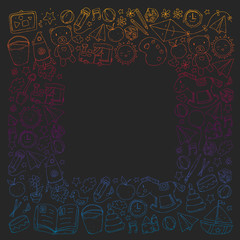 Kindergarten with toys. Pattern for children. Little preschool kids education. Drawing, learning, play