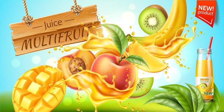 Realistic multifruit juice bottle advertising with tropical fruits in juice splash explosion. Vector fresh drink package design. Ripe kiwi, peach with green leaves, mango and banana in juicy motion.