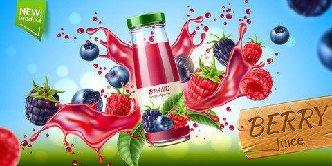 Realistic forest berries juice advertising design with blackberry, blueberry and raspberry in juicy splashing liquid. Forest mix splash for natural healthy product package design. Vector illustration