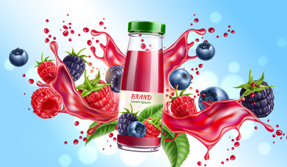 Realistic forest berries juice advertising design with blackberry, blueberry and raspberry in juicy splashing liquid. Forest mix splash for natural healthy product package design. Vector illustration