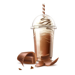 Realistic frappe coffee in disposable plastic cup with straw and chocolate slices. Vector cold coffee with cocoa topping whipped cream. Coffee milkshake cocktail Delicious dessert with chocolate flake