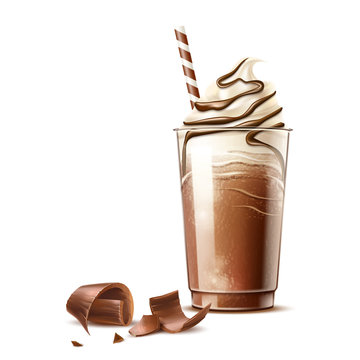 Realistic frappe coffee in disposable plastic cup with straw and chocolate slices. Vector cold coffee with cocoa topping whipped cream. Coffee milkshake cocktail Delicious dessert with chocolate flake