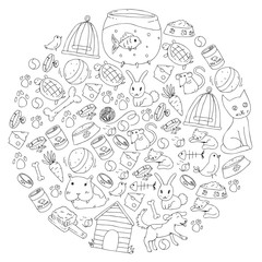 Pet shop. Vector illustration with animals, dog, cat, fish, Colorful background with kitten, bird, puppy. Veterinarian clinic.
