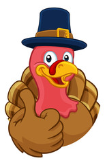Pilgrim Turkey Thanksgiving bird animal cartoon character wearing a pilgrims hat giving a thumbs up
