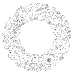 Pet shop. Vector illustration with animals, dog, cat, fish, Colorful background with kitten, bird, puppy. Veterinarian clinic.