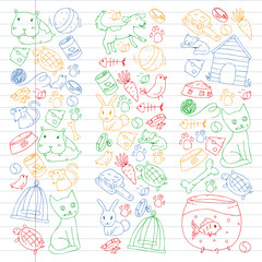 Pet shop. Vector illustration with animals, dog, cat, fish, Colorful background with kitten, bird, puppy. Veterinarian clinic.