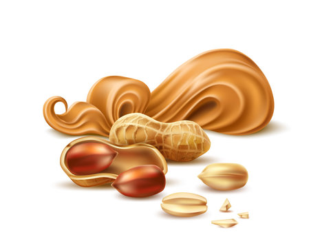 Realistic peanut butter package design with 3d arachis pods with shell and nuts. Vector delicious cream for natural product ad design. Tasty cream for sweet snacks.