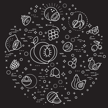 fruits line illustration. Modern style line drawing and background color black. Template for design fabric, backgrounds, wrapping paper.