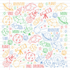 Space vector illustration. Science, technology pattern. Rocket and spaceships.