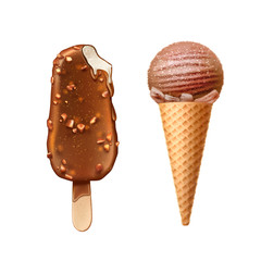 Realistic popsicle chocolate glaze ice cream on wooden stick with nuts, scoop on waffle cone. Eskimo pie vector 3d sweet dessert illustration, cold food summer holiday dessert