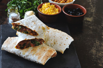 Homemade shawarma with vegetables. Vegan shawarma. Middle Eastern style.