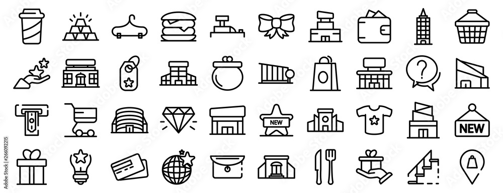 Poster mall icons set. outline set of mall vector icons for web design isolated on white background