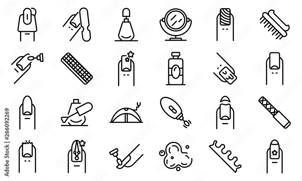 Poster nail icons set. outline set of nail vector icons for web design isolated on white background