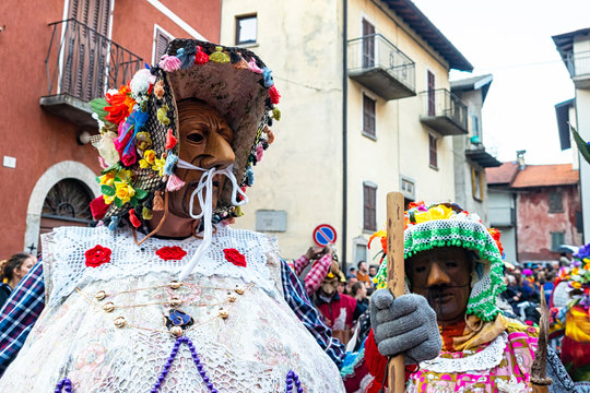 Wood masks of the popular carnival of Schignano one of the oldest in the north of Italy