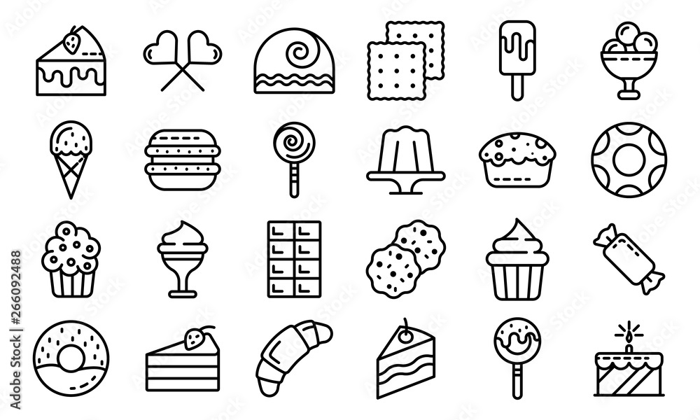 Poster confectionery icons set. outline set of confectionery vector icons for web design isolated on white 