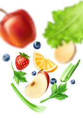 Healthy food pattern. Realistic organic vegetables and fruits from organic shop, farm market background. Apple slice, strawberry celery and salad, orange and potato slice and blackberry