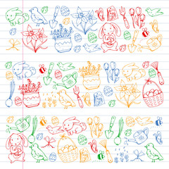 Easter vector illustration. Spring design for patterns. Holiday decoration for greeting cards. Rabbit, bunny character, eggs, flowers, seasonal elements.