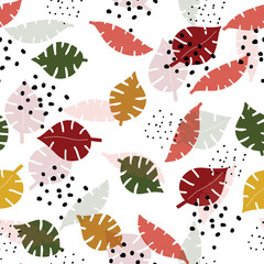 Multicolor monstera leaves hand drawn seamless pattern. - 266092487