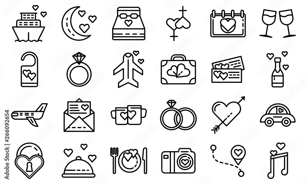 Poster honeymoon icons set. outline set of honeymoon vector icons for web design isolated on white backgrou