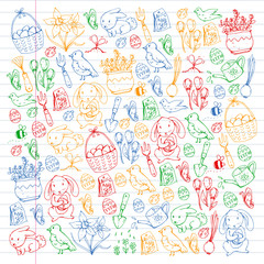 Easter vector illustration. Spring design for patterns. Holiday decoration for greeting cards. Rabbit, bunny character, eggs, flowers, seasonal elements.