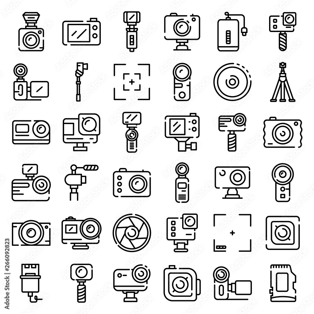 Poster Action camera icons set. Outline set of action camera vector icons for web design isolated on white background