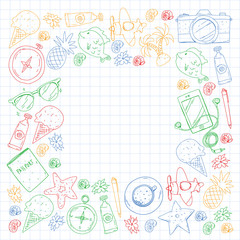 Travel vector pattern. Adventure, beach, tropical design.