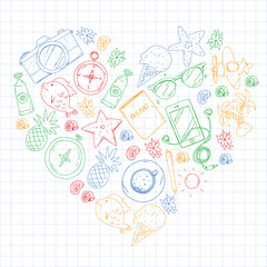 Travel vector pattern. Adventure, beach, tropical design.