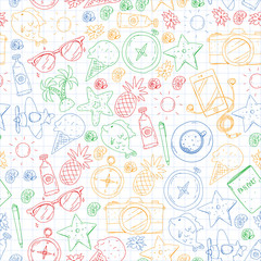Travel vector pattern. Adventure, beach, tropical design.
