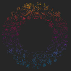 Christmas winter party. Happy new year. Bullfinch, Santa Claus, snowman, deer. Presents and candy.