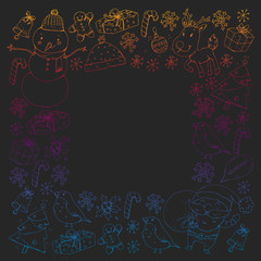 Christmas winter party. Happy new year. Bullfinch, Santa Claus, snowman, deer. Presents and candy.