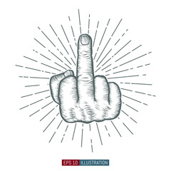 Hand drawn hand gesture. Middle finger up.  Linear vintage style sun rays background. Template for your design works. Engraved style vector illustration. - obrazy, fototapety, plakaty