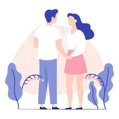 Beautiful young couple holding hands. Man and woman standing together. Man and woman falling in love. Colorful flat vector illustration.