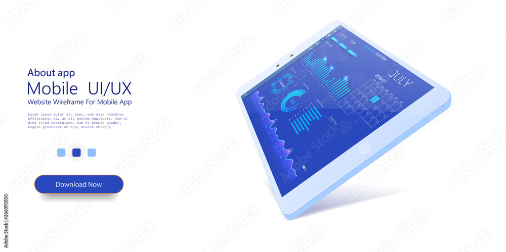 Poster isometric tablet with business graph and analytics data . analysis trends and financial strategy by 