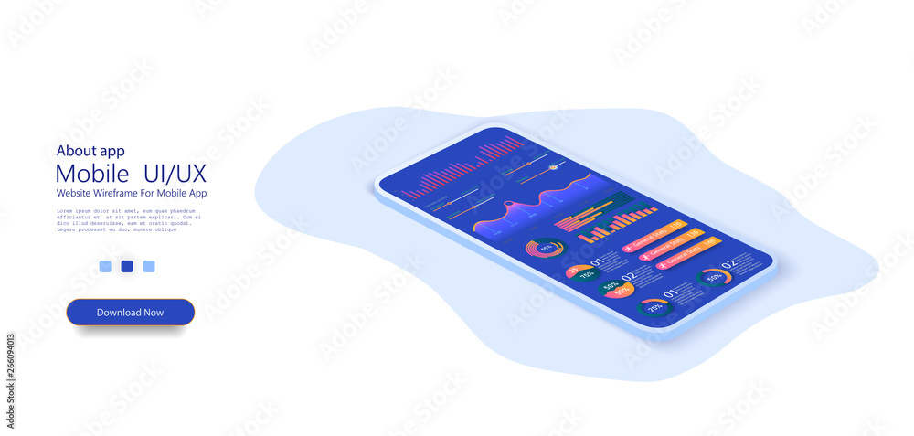 Leinwandbilder application of smartphone with business graph and analytics data on isometric mobile phone. digital 