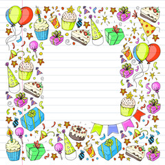 Christmas winter party. Happy new year. Bullfinch, Santa Claus, snowman, deer. Presents and candy.