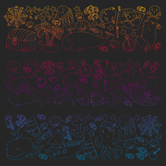 Ocean and sea for children. Pattern for boys. Pirate party. Cute fishes, animals, treasures. Kids vacation pattern, beach toys and elements.