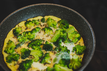 cooking broccoli with eggs in a frying pan