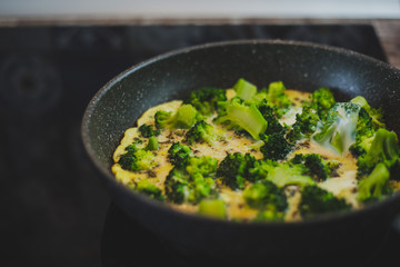 frying pan with broccoli and eggs