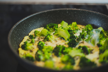 frying pan with broccoli and eggs