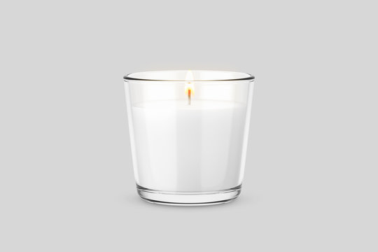 Candle Light In A Straight Glass Jar Isolated On Light Gray Background.3D Rendering