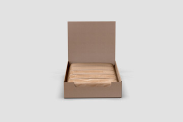 Mock-up display holder Box. Empty filled empty chocolate cardboard, protein bar. Layout isolated on soft gray background ready for your design.3D rendering.